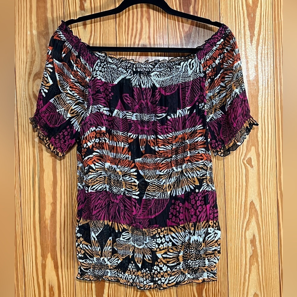 East 5th Blouse Women's Over Shoulder Short Sleeve Stretch Semi Sheer